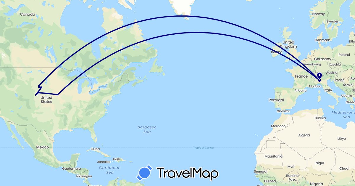 TravelMap itinerary: driving in Italy, United States (Europe, North America)